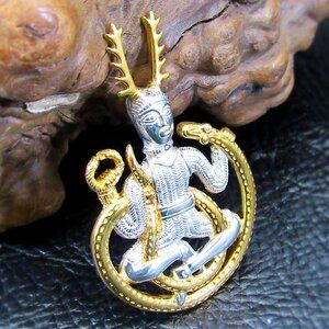 Solid 925 Sterling Silver & 18k Gold Vermeil Celtic God Cernunnos Slide Pendant